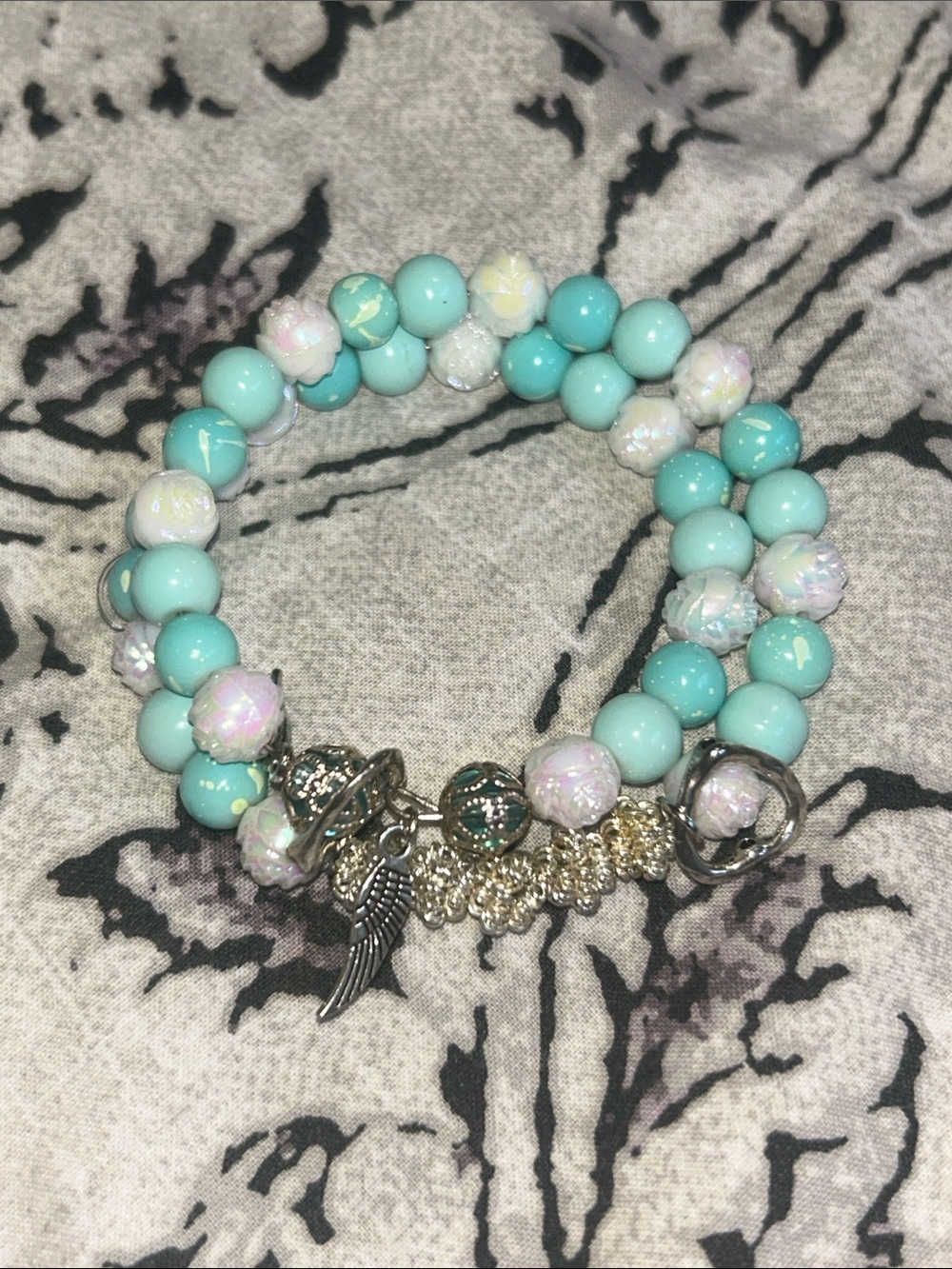 Beaded Charm Bracelet Set in Aqua and White angel wings rose pearlescent heart
